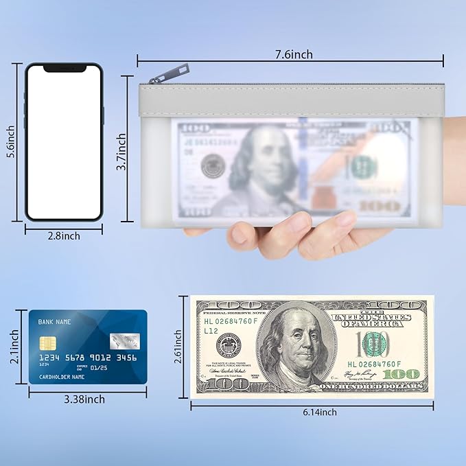 4 Pieces Money Bags With Zipper, Cash Bag,7.6 x 3.7 inch Money Pouch,Bank Bag, Coin Bag for Collectors,Clear Bank Deposit Bags,Multi-Purpose Check Wallet （Silver）