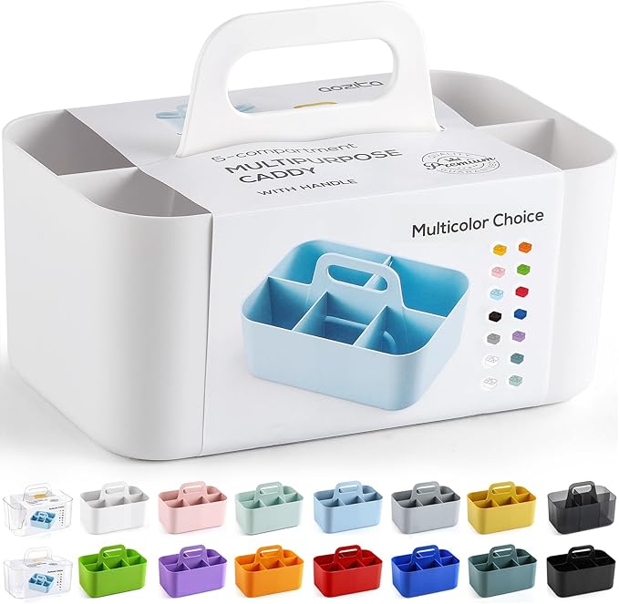 Multiuse Caddy Organizer with Handle, Portable Divided Plastic Tote Bin - Art Craft, Stationary Pen Marker Crayons, Makeup Hair Supplies Storage - Bathroom, Classroom, Dorm, Office, Desk Holder -White