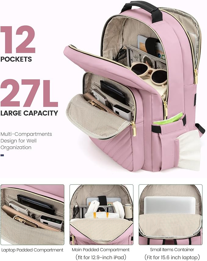 LOVEVOOK Laptop Backpack Purse for Women, Work Travel Computer Bags, College School Backpack for Student Girl, Quilted Casual Daypack with USB Port, Fit 15.6 Inch Laptop, Light Pink