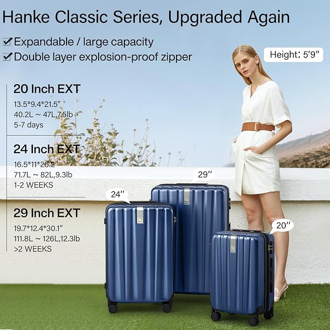 Hanke 29 Inch Expandable Checked Luggage Lightweight PC Hard Shell Luggage Suitcases with Wheels Travel Luggage Rolling Large Suitcase Travel Luggage Bag for Study Abroad.(Dark Blue)