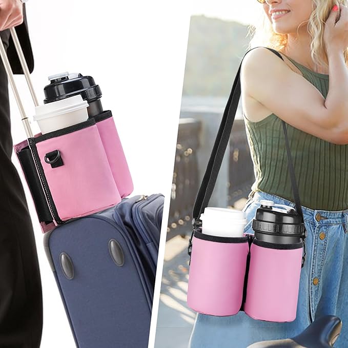Luggage Cup Holder Travel Drink Bag Luggage Drink Caddy with Shoulder Strap, Thermal Insulation and Zipper Pocket, Travel Accessories Gifts for Flight Attendants, Fits Roll on Suitcase Handles (Pink)