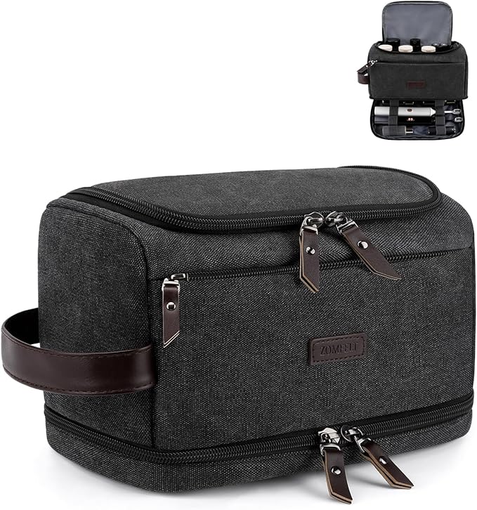 ZOMFELT Toiletry Bag for Men, Dual Layers Canvas Travel Toiletries Bag, Water-Resistant Travel Organizer with Elastic, Large Capacity Dopp Kit, Hanging Shaving Hygiene Bag, Black, L