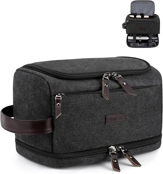 ZOMFELT Toiletry Bag for Men, Dual Layers Canvas Travel Toiletries Bag, Water-Resistant Travel Organizer with Elastic, Large Capacity Dopp Kit, Hanging Shaving Hygiene Bag, Black, L