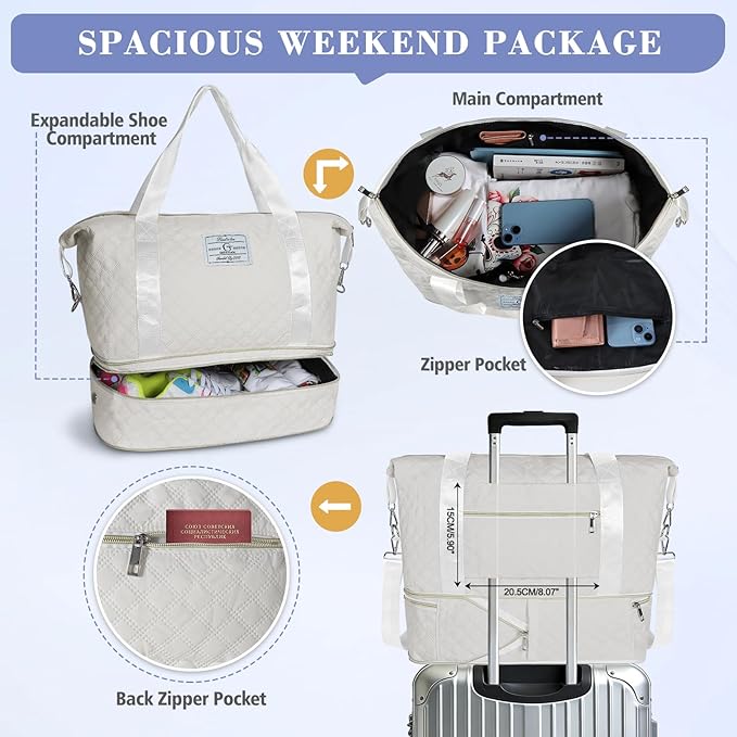 Geestock Travel Duffel Bag, Weekender Bags for Women, Carry on Overnight Bag with Shoe Compartment & Trolley Sleeve, Personal Item Travel Bags with Storage Pouch for Travel, Yoga, Gym, Hospital, White