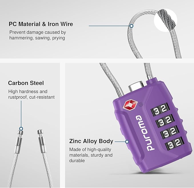 Puroma 2 Pack TSA Approved Luggage Locks, 4 Digit Combination Travel Cable Locks Resettable Code Lock with Zinc Alloy Body for Suitcase, Toolbox, Backpack, Bag, Gym Locker (Basic Purple Dark)
