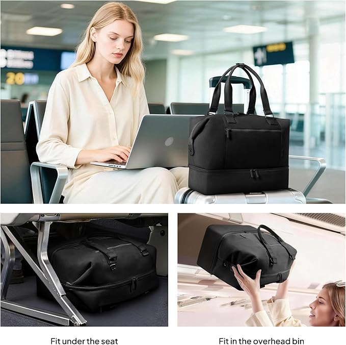 Travel Duffle Bag for Women,40L Weekender Bags Airline Approved Carry On with Shoe Compartment & Waterproof Wet Pocket, Durable Nylon Weekender Overnight Bag for Travel, Gym, Business Trip, Black