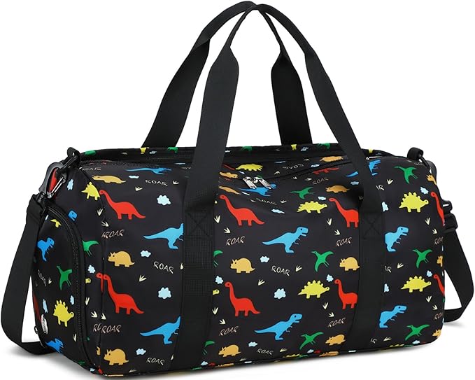 CAMTOP Kids Duffel Overnight Bag Boys Girls Toddler Weekender Carry-On Personalized Tote for Travel Gym Sport (Black Dinosaur)