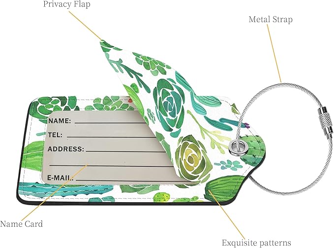 2 Pcs Luggage Tags for Suitcase, Cute Unique PU Leather Travel Bag Tag with Privacy Cover ID Label Address Card and Durable Metal Ring Suitable for Men Women Children Backpack,Cacti