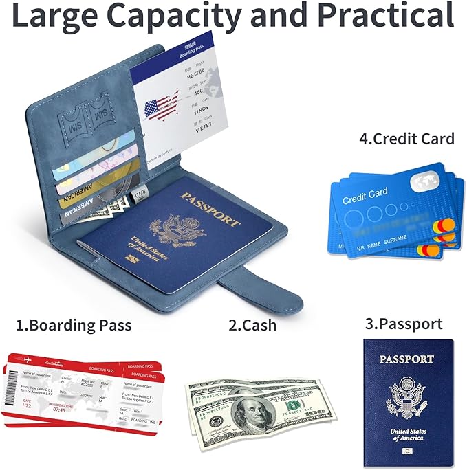 Passport Holder, Passport Cover with Credit Card Slot and Boarding Pass Slot Combo, Passport Wallet Case Book Travel Must Have, RFID Blocking Leather Travel Accessories, Navy Blue