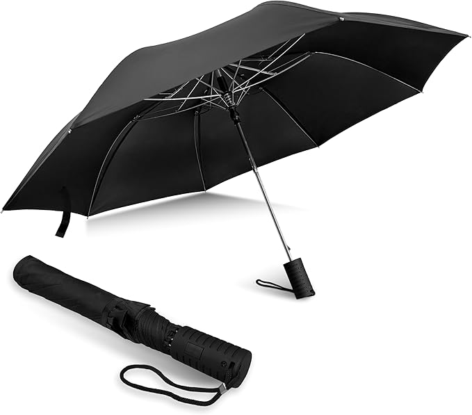 Weather Station Automatic Rain Umbrella, Windproof, Lightweight, and Packable for Travel, Full 42 Inch Arc, Black