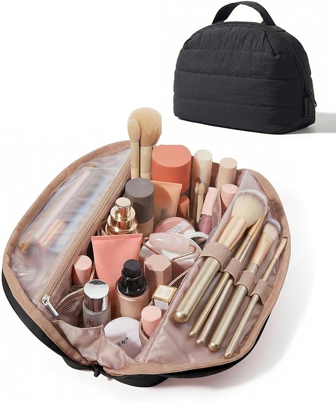 BAGSMART Travel Makeup Bag for Women, Portable Fold-down Cosmetic Case, Puffy Padded Make Up Organizer Pouch, Water-resistant Toiletry Bag for Toiletries, Brushes, Black