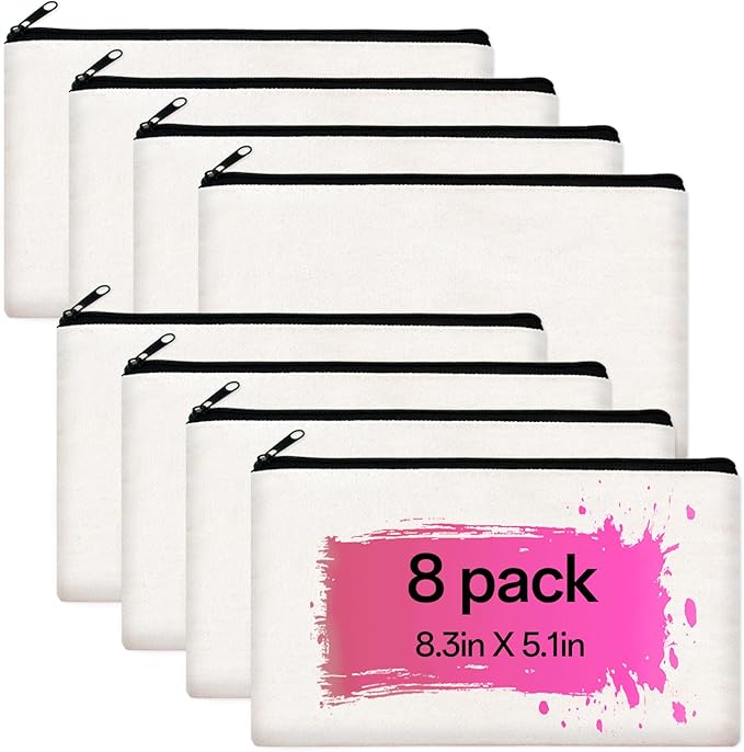 ZeeDix Canvas Pouch- Multi-purpose Cosmetic Bag with Zipper, DIY Craft Canvas Zipper Pouch Blank Makeup Bags Bulk Travel Toiletry Bag for Storage (8.3 x 5 inches)