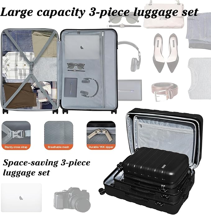 Zebra Luggage Sets 3 Piece, 20" Carry On Luggage with Spinner Wheels, Hardside Business Travel Suitcase Set with TSA Lock, Lightweight Suitcase,20/24/28 inch,Black