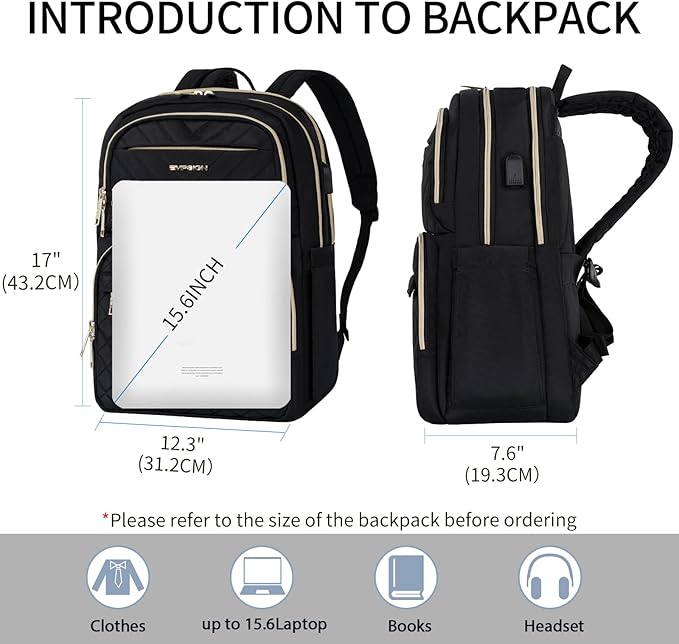 EMPSIGN Laptop Backpack Purse for Women and Men with USB Charging Port, 15.6 Inch Travel Water Resistant Quilted Backpack, High-Capacity 30L Work Business Computer Backpack, Black