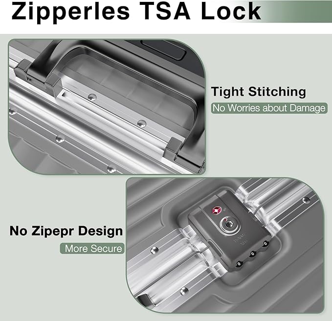 Krute Zipperless Luggage with Spinner Wheels Checked Aluminum Frame Luggage PC Hard Shell Suitcase with Charger and Cup Holder TSA Lock No Zipper 24 Inch Suitcases Gray