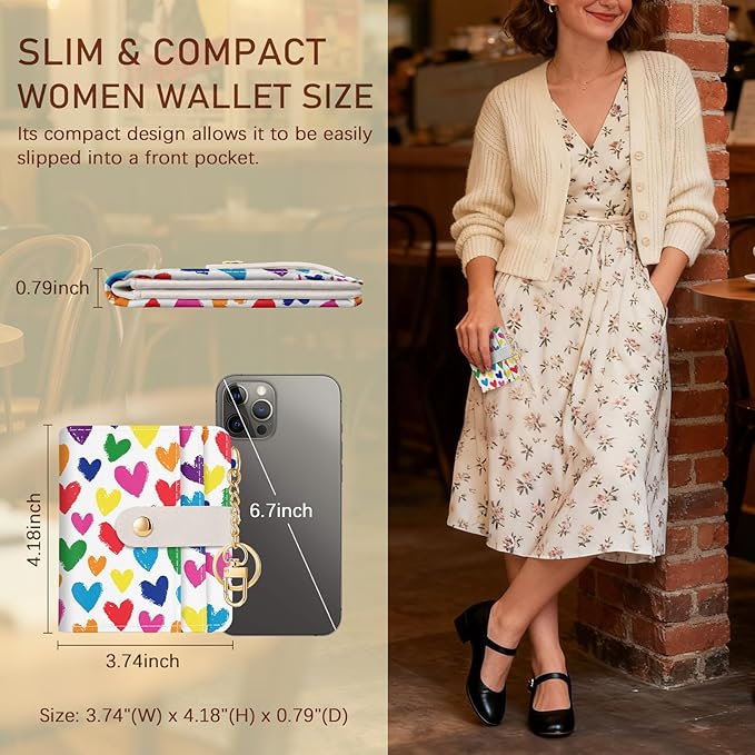 Jogjam Raining Hearts Rfid Ladies Wallet, Small Slim Thin Compact Credit Card Women Wallet, PU Leather Bifold Cash Zipper Coin Pocket ID Window for Female
