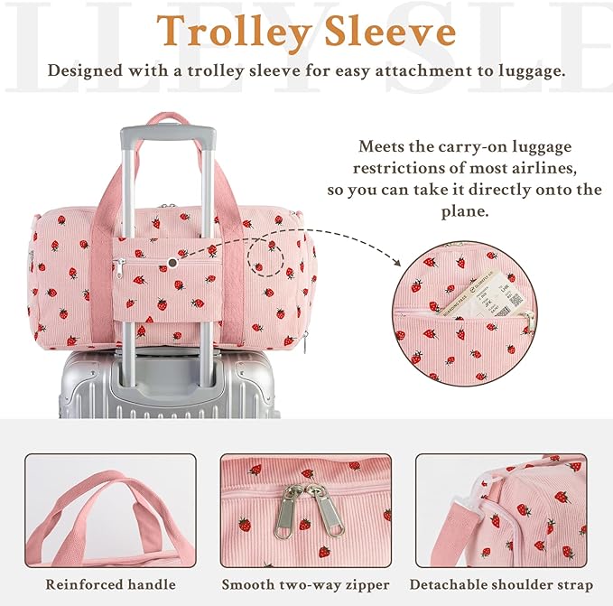 2PCS Cute Gym Bag for Girls, Corduroy Duffle Bag with Wet Pocket & Shoe Compartment and item bag, Duffle Bag for Travel, Sports, Fitness & Workout