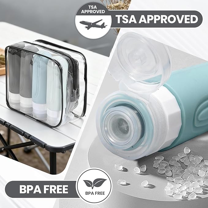 Travel Bottles for Toiletries 8 Pack, TSA Approved Travel Size Toiletries Containers Set, 4 Silicone Leak Proof Refillable Bottles and 4 Creams Jars Accessories Kit W/Clear Bag (GRAY)