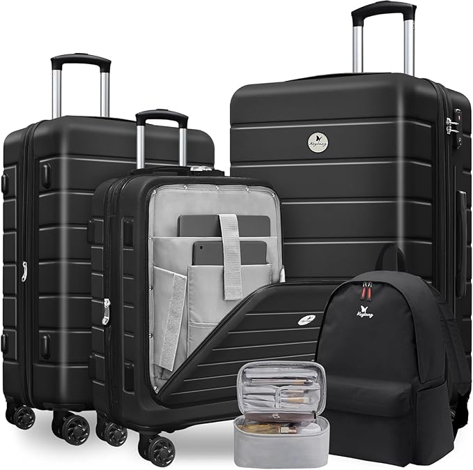 Classic Lightweight Hardside Expandable Spinner Wheels Luggage Suitcase W/TSA Lock 3-Piece Set with Backpack and Cosmetic Makeup Bag (5 Piece Set,Black)