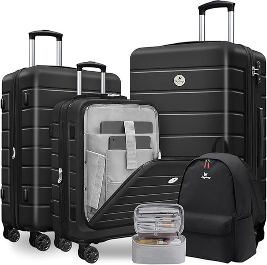 Classic Lightweight Hardside Expandable Spinner Wheels Luggage Suitcase W/TSA Lock 3-Piece Set with Backpack and Cosmetic Makeup Bag (5 Piece Set,Black)