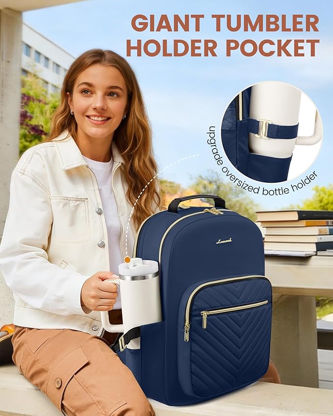 LOVEVOOK Laptop Backpack for Women with Giant Tumbler Holder 17.3 inch,Designer Travel Backpack Laptop Bag College Backpack,Quilted Work Nurse Teacher Backpack Purse Computer Bag Daypack,Navy Blue