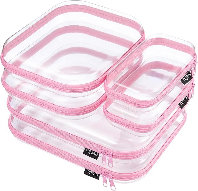 YQBRAO 6 Pack Clear Hard Shell Zipper Case, See-Through Hard Plastic Organizer Pouches with Zipper for Travel, Toiletries, Makeup, Electronics & Pencils - Crush-Resistant Storage (Pink)