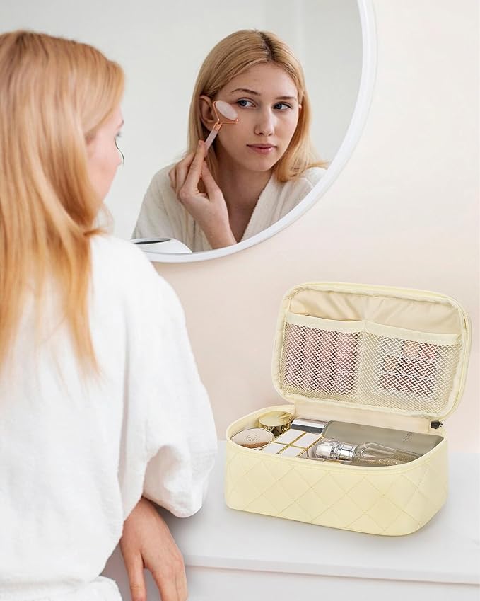Relavel Travel Makeup Bag, Small Cosmetic Bag with Makeup Brush Compartment, Double Layer Makeup Organizer Bag, Portable Toiletry Bag Makeup Pouch for Women, White
