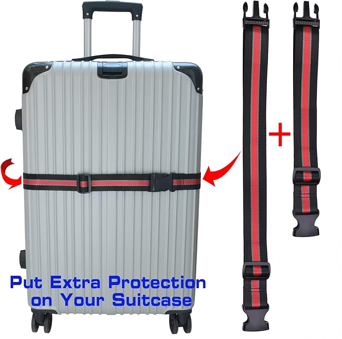 Luggage Strap add a Bag, Heavy Duty Adjustable Suitcase Belt Travel Attachment Travel Accessories for Connecting Your Luggage (Black+red)
