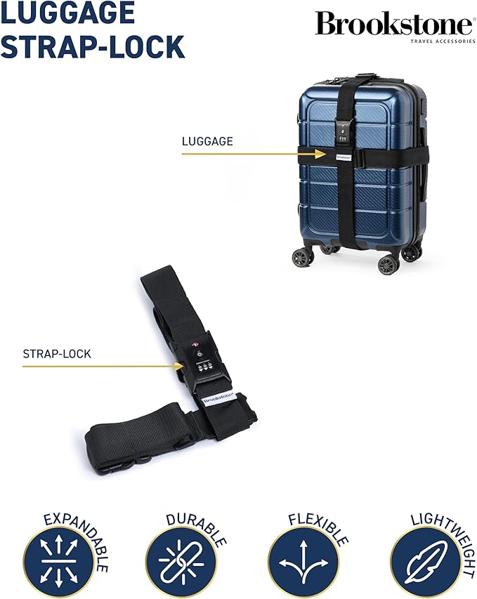 Brookstone Luggage Strap - 2-in-1 TSA-Approved Expandable Luggage Straps for Suitcases with Keyless 3-Digit Combination Lock, Size One Size, Black