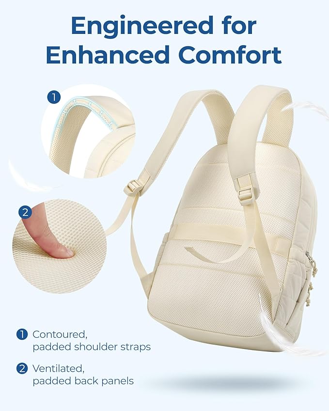 BAGSMART College Laptop Backpack, Travel Backpack for Women, Quilted Casual Daypack, Water-Resistant Bookbag for 15.6 Inch Laptop, Beige