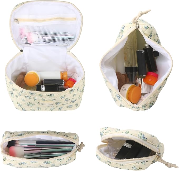 Cute Makeup Bag for Women(2 Pcs), Travel Cosmetic Bags, Quilted Coquette Aesthetic Floral Toiletry Organizer Bag (41 - Blue Rose/4PCS)