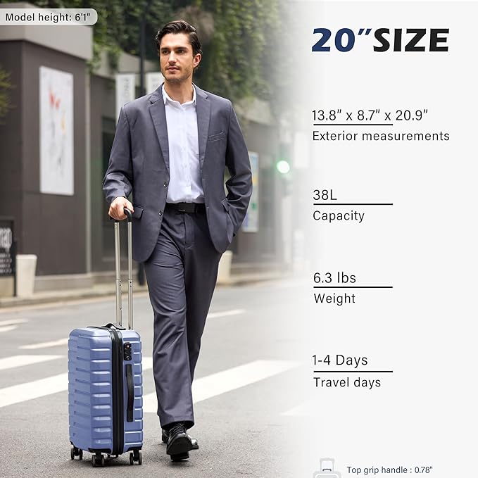 Coolife Carry On Luggage Airline Approved with Spinner Wheels, Hard Shell Suitcase TSA Lock Lightweight Travel Luggage 20-inch,Blue