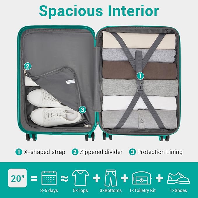 Kono Carry On Luggage 22x14x9 Airline Approved with Spinner Wheels,Lightweight PC+ABS 20 Inch Luggage with TSA Lock,Expandable Hard Shell Carry On Suitcases for Men Women,Turquoise