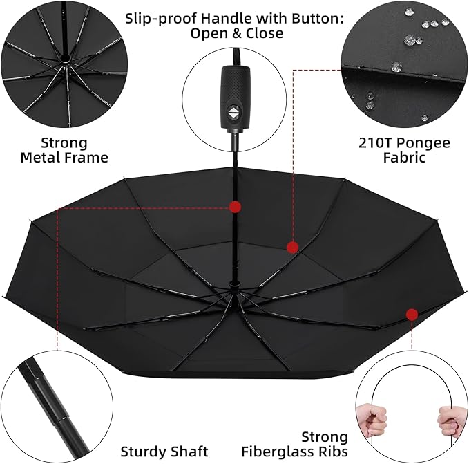 TradMall Travel Umbrella, 42/45 Inches Double Vented Canopy Windproof Automatic Strong Compact Folding Umbrellas for Rain Women and Men