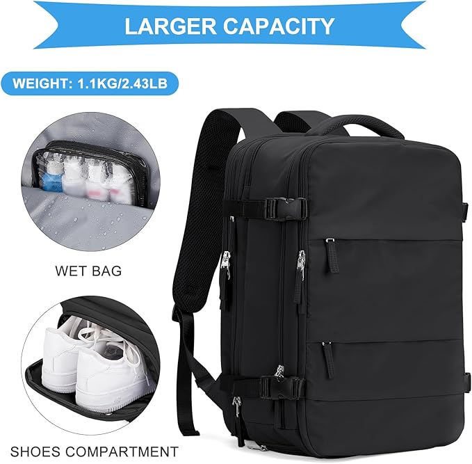 coowoz Large Travel Backpack For Women Men, Carry On Backpack,Hiking Backpack Waterproof Outdoor Sports Rucksack Casual Daypack Expandable Heavy Duty Extra large Backpack Black Expansion