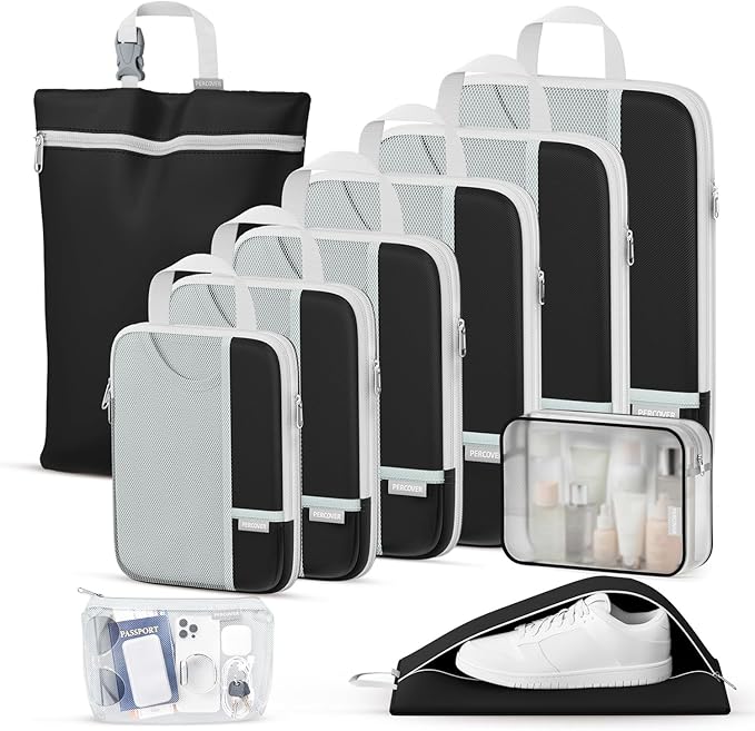 Percover Compression Packing Cubes 10-Piece Set, Packing Cubes Compression for Travel with Toiletry Bag, Laundry Bag & Shoe Bag, All-in-One Travel Organizer for Carry On & Checked Luggage, Black