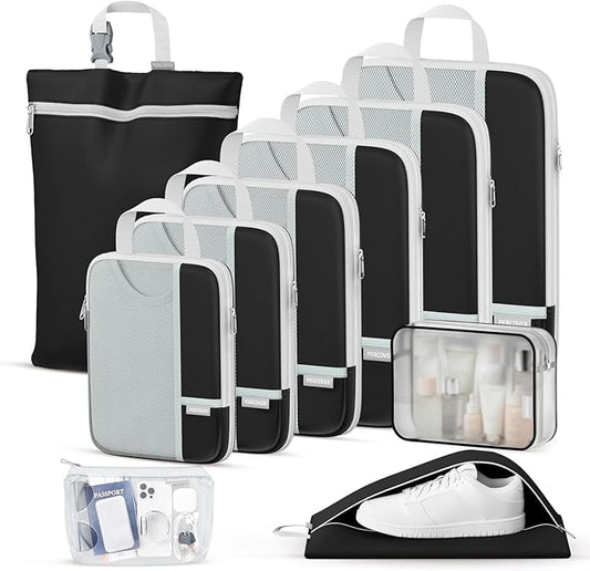 Percover Compression Packing Cubes 10-Piece Set, Packing Cubes Compression for Travel with Toiletry Bag, Laundry Bag & Shoe Bag, All-in-One Travel Organizer for Carry On & Checked Luggage, Black