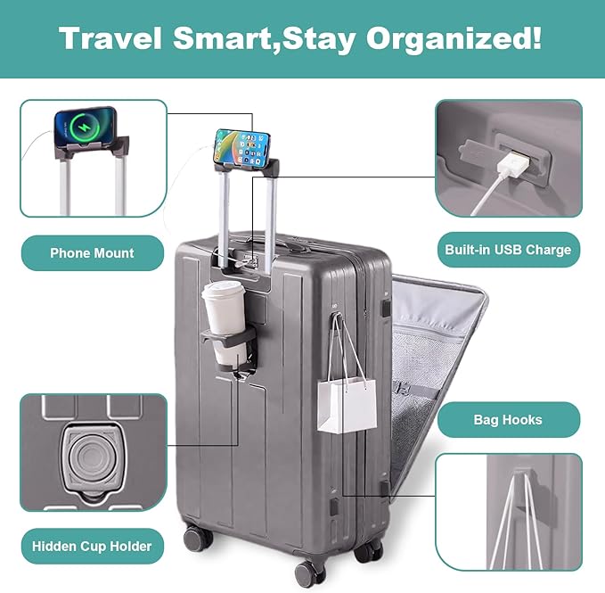 Gets Carry on Luggage Airline Approved,20 Inch Abs+Pc Hardshell Spinner Luggage With Cup Phone Holder and USB Charger,Front Pocket Durable Suitcase for Women Men-Grey