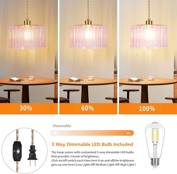 QIYIZM Pink Plug in Pendant Light Glass Hanging Lights with Plug in Cord Boho Hanging Lamp Gold Mid Century Modern Vintage Dimmable Flower Plug in Chandelier Ceiling Fixture for Living Room,Bedroom