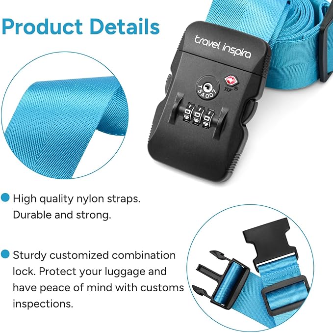 Travel Inspira Luggage Straps with TSA Lock, 2 Pack TSA Approved Suitcase Belt, Heavy Duty Adjustable Cross Design for Added Security, Easy Spot Blue Travel Accessory with ID Tag for 20-32" Bag