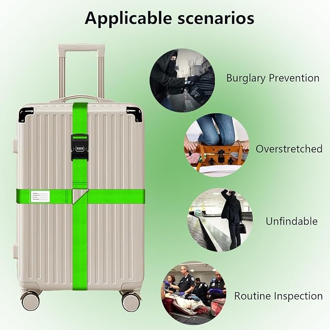 Luggage Straps for Suitcases,Travel Luggage Straps with Lock and Luggage Tags,Suitcase Strap,Adjustable Bright-Colored Travel Belt for Travel Suitcase Bag Closure Accessories.(Green)