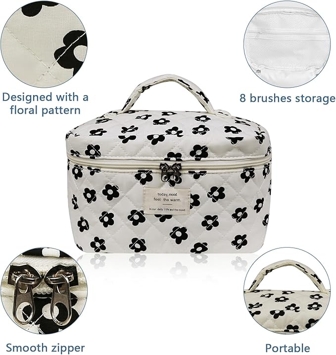 Large Makeup Bag, Cute Cosmetic Bag for Women Girls, Floral Coquette Aesthetic Toiletry Bag, Travel Make Up Organizer Bag (Black Flower)