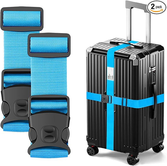 BILIONE Luggage Straps Adjustable Suitcase Belt, Lockable Against Accidental Opening, Easy to Identify Travel Accessories, Add a Bag Connector Holds Suitcase Together (2, Sky Blue)