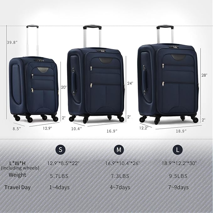 Softside Luggage Sets 3 Piece - 20" Carry-On, 24” & 28” Checked Luggage Set, Expandable Luggage Lightweight Suitcase with Spinner Wheels & TSA Lock for Family Extended Travel (Dark Blue)