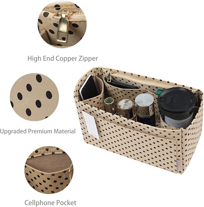 ZTUJO Purse Organizer Insert For Handbags, Silky Touching Bag Organizer Insert With Bottle Holder, Perfect for Speedy, Neverfull, Tote,ONTHEGO,Artsy,Handbag and More (Large, Brown polk dots Beige)