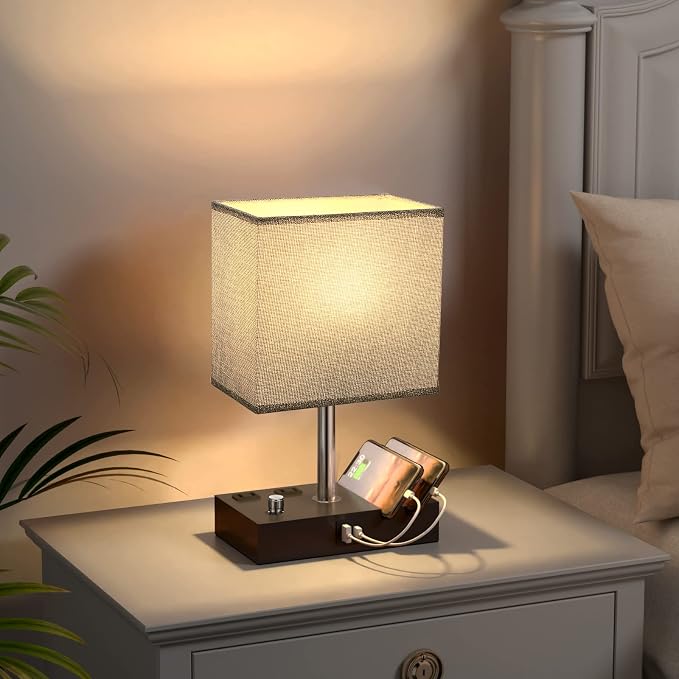 Kakanuo Grey Bedside Table Lamps Set of 2 - Dimmable, USB C+A, 2 AC Outlets | Dimming By Rotary Knob, USB C+A Ports, 2 Phone Stands, LED Bulbs Included, Rectangle Grey Lampshade, for Living Room, Desk