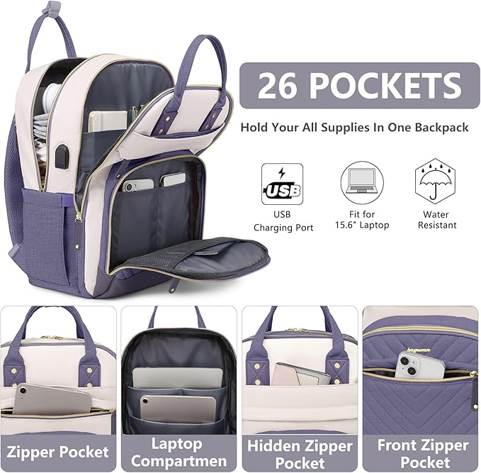 Laptop Backpack for Women Work Bag - 15.6 inch Travel Backpack Purse with USB Charger College Bookbag Waterproof Cute Casual Daypack Business Computer Backpacks for Teacher Nurse Beige Light Purple