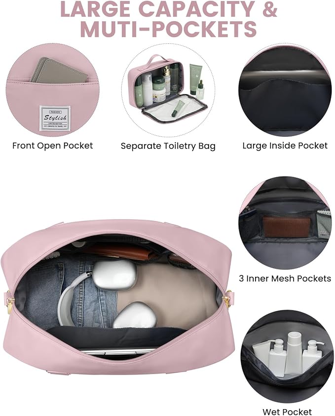 Weekender Travel Duffle Bag for Women: Overnight Bags with Shoe Compartment Carry on Bags for Airplanes with Toiletry Bag Weekend Yoga Gym Bag with Wet Pocket Travel Duffel Tote Bag Hospital Bag Pink