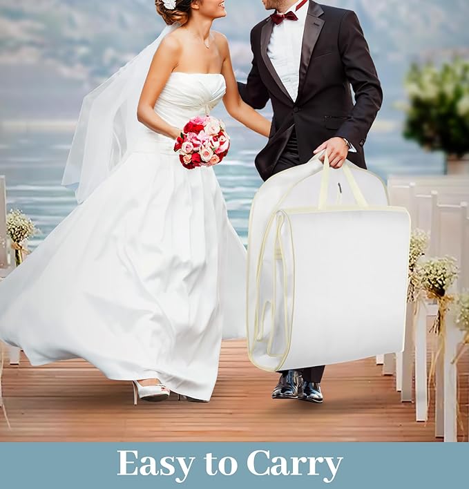 SLEEPING LAMB 72" Bridal Wedding Gown Dress Garment Bag 15" Gusseted Garment Cover Shoe Pockets Travel Garment Storage Bag for Prom, Evening Gowns, White