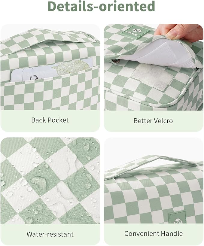 Narwey Small Hanging Travel Toiletry Bag for Traveling Women, Checkered Travel Bag for Toiletries, Makeup Bag Organizer Make Up Cosmetic Bags (Mint Green Checkerboard)